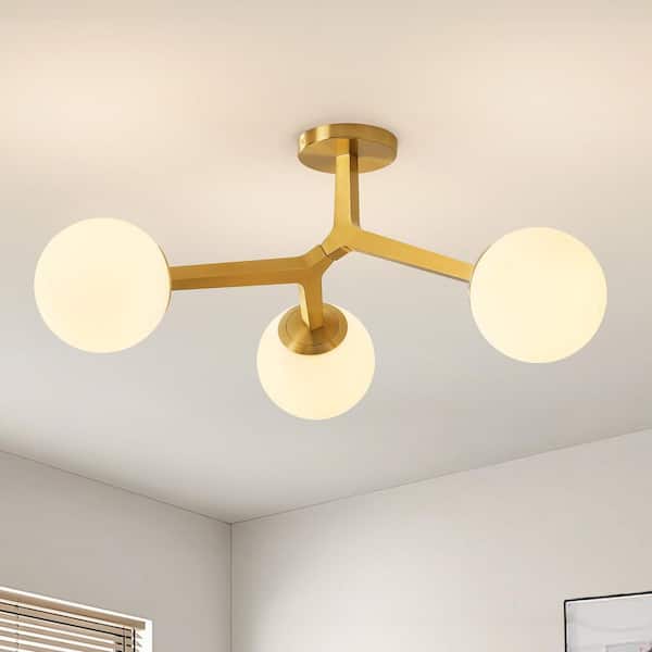 31 in. Semi-Flush Mount Modern Gold Sputnik Chandelier with Opal Globe Glass Shade for Living Room, Kitchen, Hallway