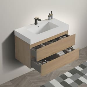 NOBLE 36 in. W x 18 in. D x 25 in. H Single Sink Freestanding Bath Vanity in Oak with White Solid Surface Integral Top