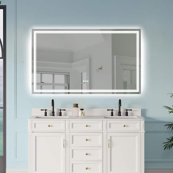 FORCLOVER 60 in. W x 36 in. H Rectangular Frameless Fog Free Dimmable Silver Wall Mount LED Lighted Bathroom Vanity Mirror