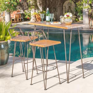 Teak Brown 3-Piece Wood and Metal Rectangular Outdoor Bar Height Dining Set