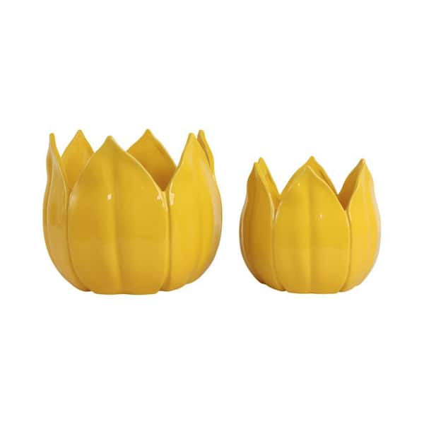 9 in. and 12 in. Yellow Ceramic Tulip Petal Decorative Planters (Set of 2)