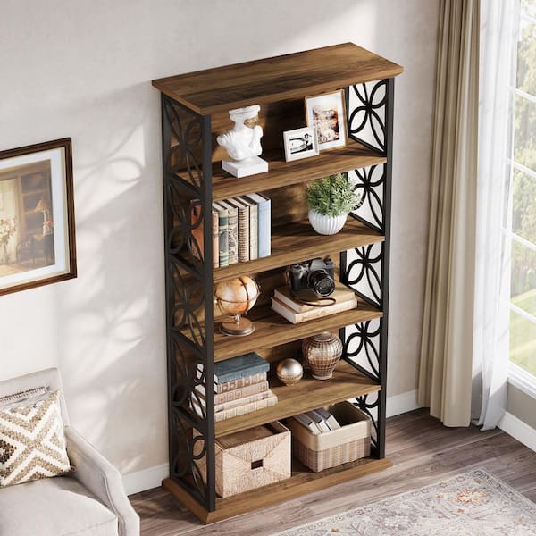 70.87 in. Tall Brown Wood 6-Shelf Standard Bookcase with Metal Frame