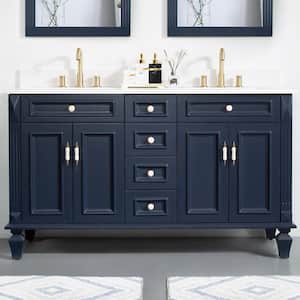 60 in. Solid Wood Bathroom Vanity With Double Sinks and 4 Drawers, Soft-Close Doors, Carrara White Quartz Top, Navy Blue