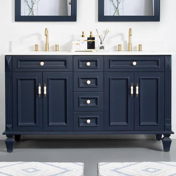 ANGELES HOME 60 in. Solid Wood Bathroom Vanity With Double Sinks and 4 Drawers, Soft-Close Doors, Carrara White Quartz Top, Navy Blue