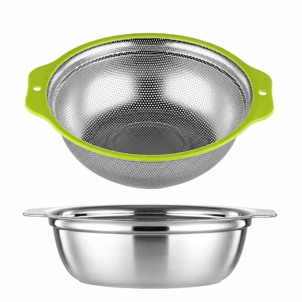 Stainless Steel 2-Piece Colander and Mixing Bowl Set, 2 qt. Rice Washer with Handle, Kitchen Strainer