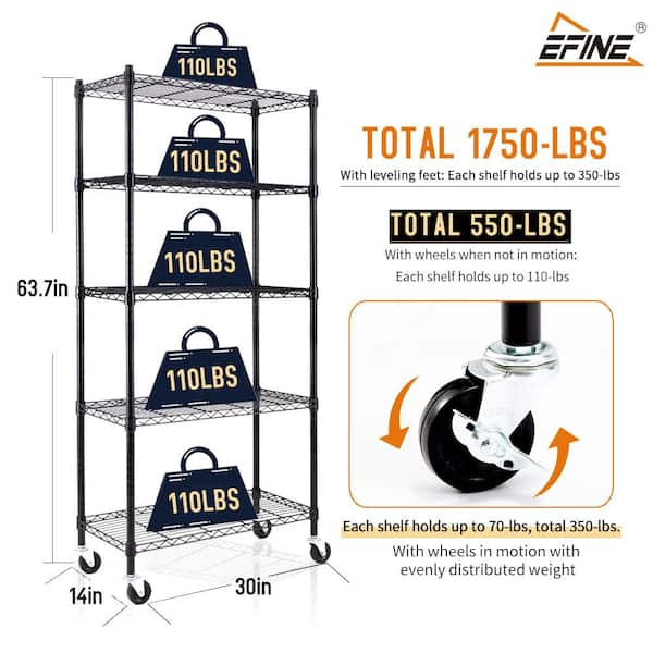 Ktaxon Black 5 Tier Rolling Steel Shelving Unit Wire Shelves