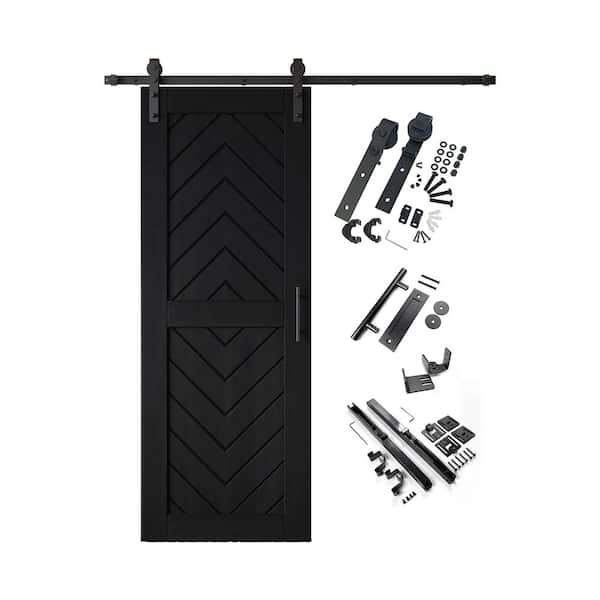JT2 26 in. x 80 in. C-Panel Black Fishbone Design Solid Pine Wood Sliding Barn Door with Hardware Kit