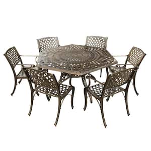 Contemporary Modern 7-Piece Aluminum Bronze Hexagon Outdoor Dining Set with Lazy Susan and 6-Chairs