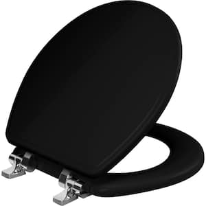Weston Round Soft Close Enameled Wood Closed Front Toilet Seat in Black Never Loosens Chrome Metal Hinge