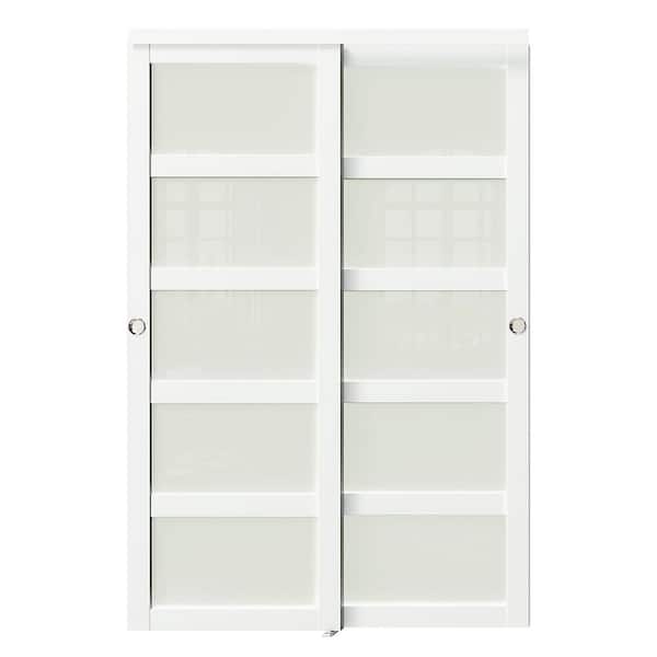60 in. x 80 in. MDF, Solid Core, White Double Slide, 5-Lites Frosted Glass Sliding Door with Handle & All Hardware