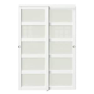 60 in. x 80 in. MDF, Solid Core, White Double Slide, 5-Lites Frosted Glass Sliding Door with Handle & All Hardware