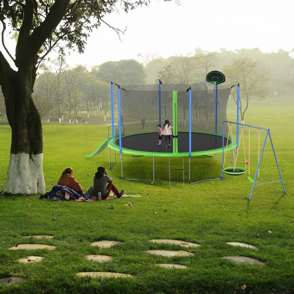 14FT Green Trampoline with Slide, Swings, and Basketball Hoop