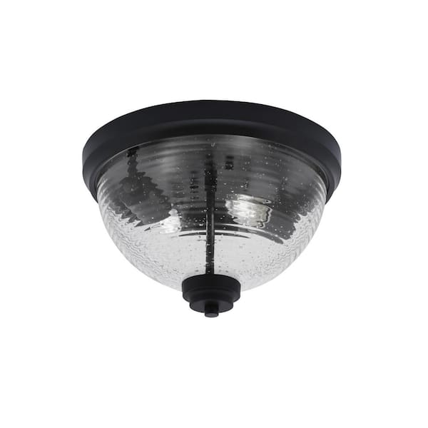 Unbranded Ashland 12 in. 2 Light Matte Black Flush Mount with Ribbed Clear Glass Shade No Bulbs Included
