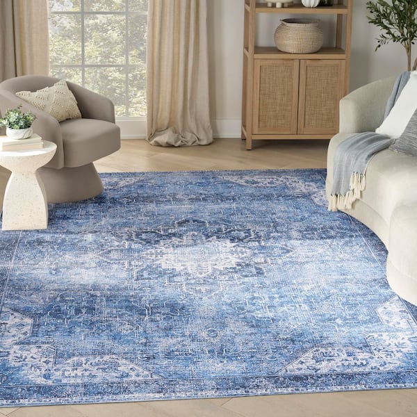 Washables Blue 9 ft. x 12 ft. Center medallion Traditional Area Rug