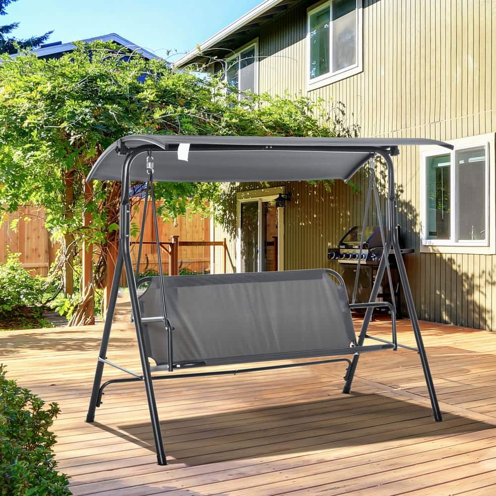 3-Person 67.8 in. Metal Patio Swing with Stand & Adjustable Canopy Gray Out