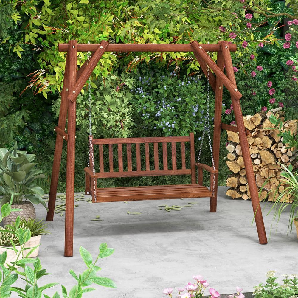 Brown Solid Wood 2-Person Outdoor Porch Swing with Metal Chains