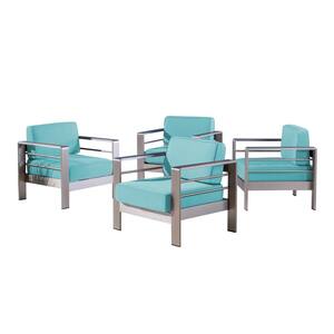 Cape Coral Silver Armed Metal Outdoor Lounge Chairs with Canvas Aruba Sunbrella Cushions (4-Pack)