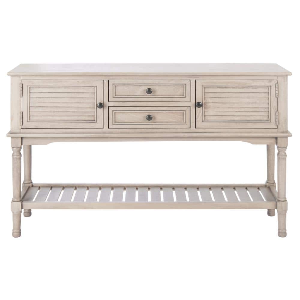 Greige Wood and Metal Console Table with Storage Drawers
