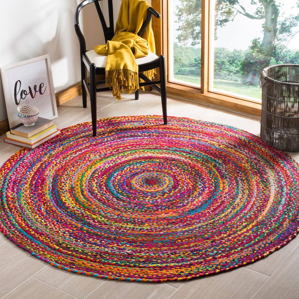 Handmade Multicolor Braided Wool and Cotton Round Rug, 4' Diameter