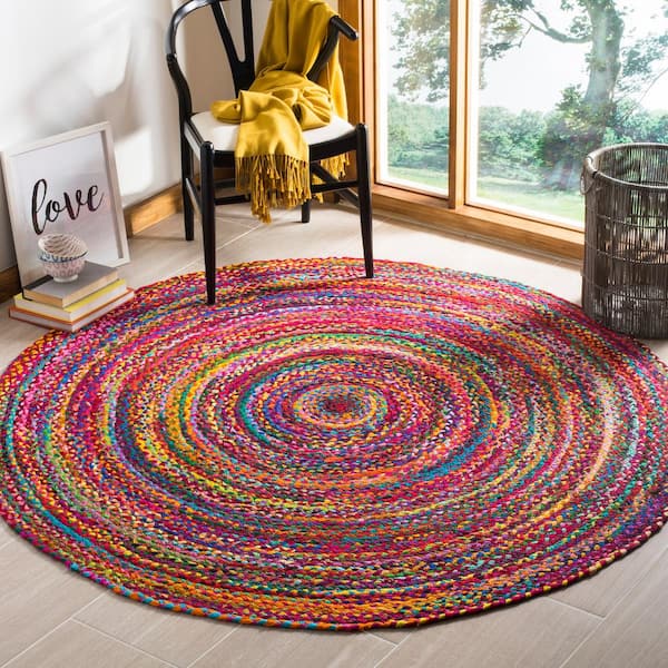 Braided Red/Multi 4 ft. x 4 ft. Round Border Area Rug