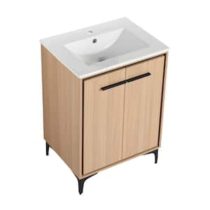 24 in. W Freestanding Single Sink Oak Bath Vanity with White Ceramic Top