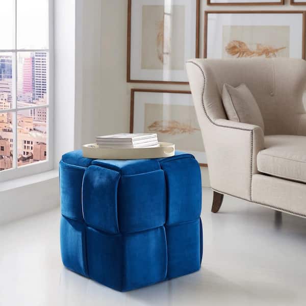Armen Living Joy Blue Velvet Contemporary Short Ottoman