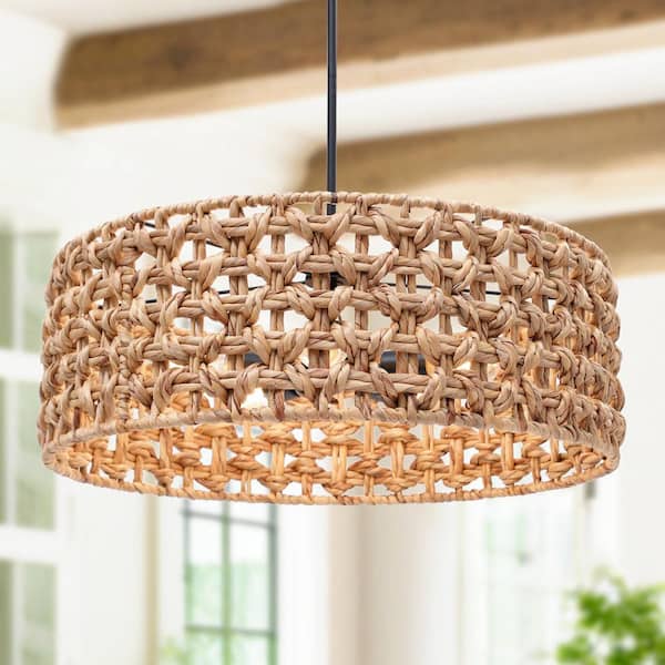 Modern 5-Light Black Natural Rattan Drum Chandelier Farmhouse Chandelier for Living Room Bedroom Dining Room Kitchen