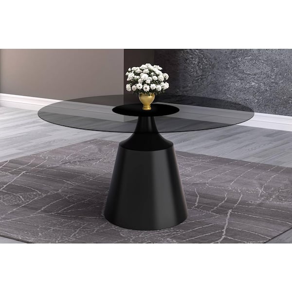 Leisuremod Prynn Mid-Century Modern 60 in. Round Dining Table with Glass Top and Black Pedestal Base (Clear)
