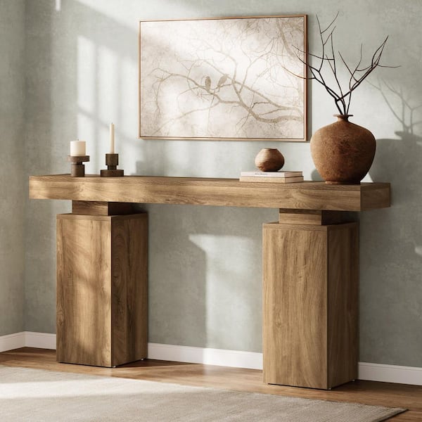 BYBLIGHT Turrella 63 in. Light-brown Elegant Modern Sofa Table, Minimalist Rectangle Wood Console Table with Wood Grain Finish