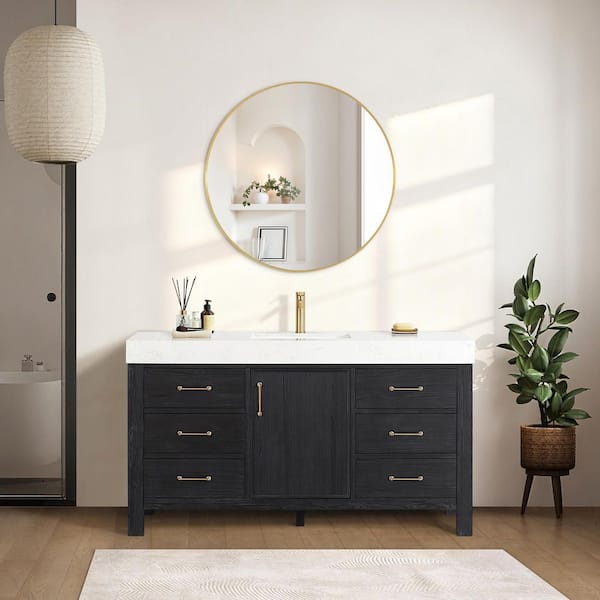 León 60 in. W x 22 in. D x 34 in. H Single Freestanding Bath Vanity in Fir Wood Black with White Composite Stone Top