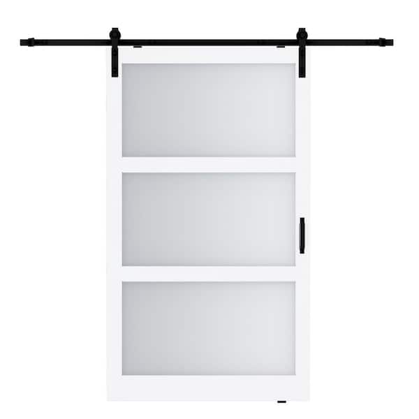 48 in. x 84 in. 3-Lites Tempered Frosted Glass and White MDF Sliding Barn Door with Hardware Kit