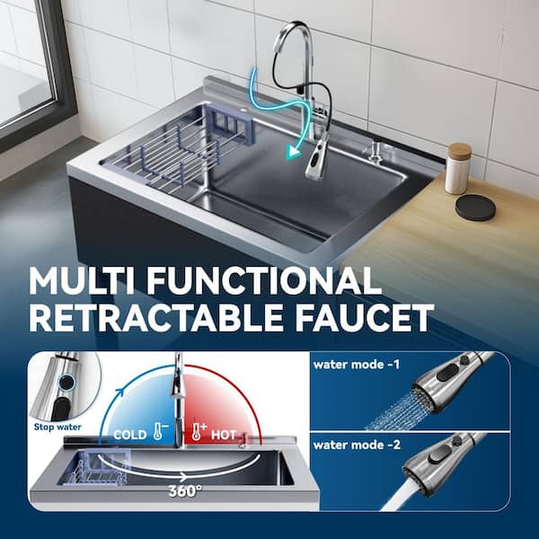 Adrinfly 20 in. D x 36 in. W Freestanding Stainless Steel Utility Sink in White with Faucet, Cold/Hot Water Hoses and Drain Kit
