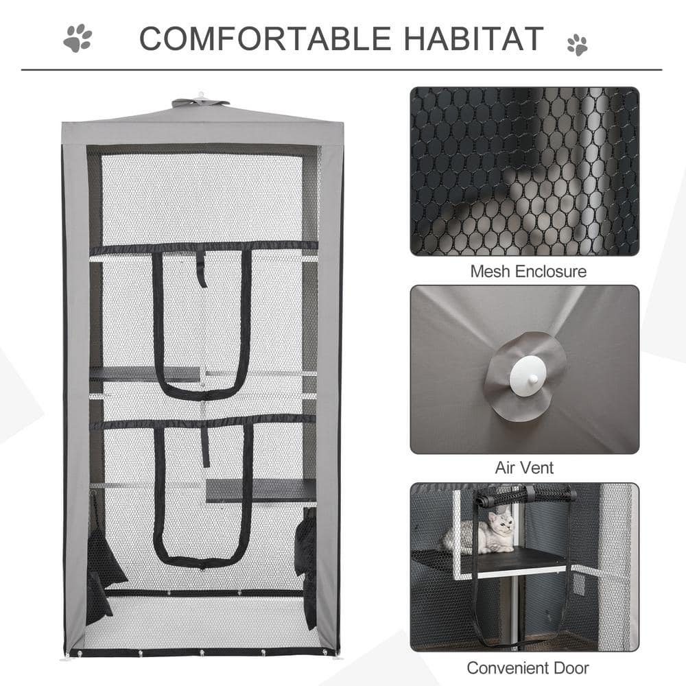 Tall Gray Metal Outdoor Cat Enclosure with Platforms