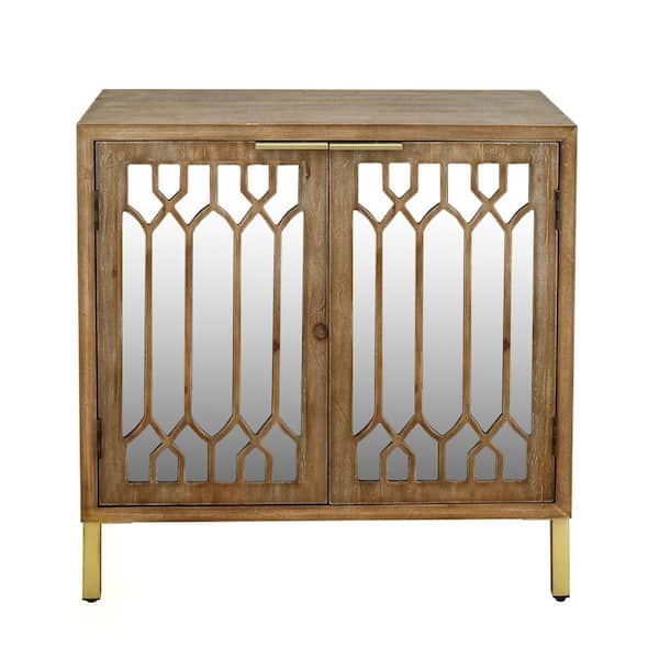 Unbranded Oak Retro Mirrored Accent Storage Cabinet with 2-Doors for Entryway