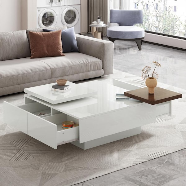 Harper & Bright Designs Modern High Gloss 31.5- 40.9 in. White Square Wood Coffee Table with 4-Drawer, 2 Movable Top Shelves