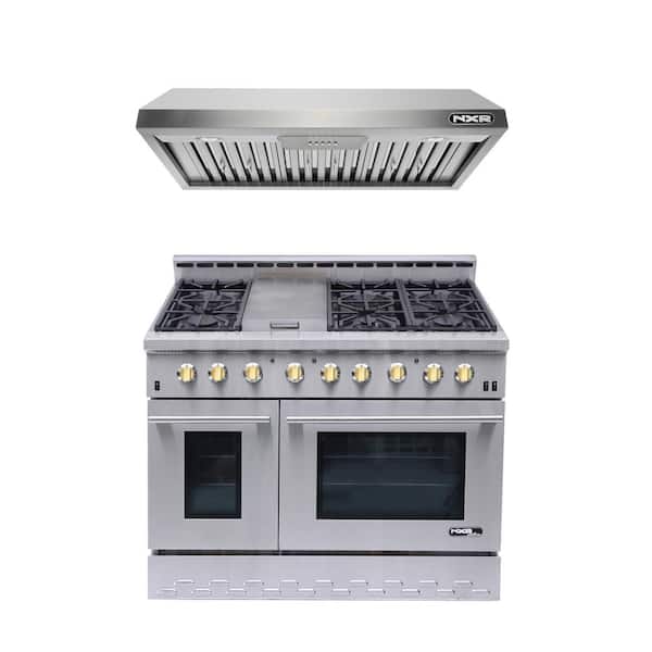 NXR Entree Bundle 48 in. 7.2 cu. ft. Pro-Style Gas Range with Convection Oven and Range Hood in Stainless Steel and Gold