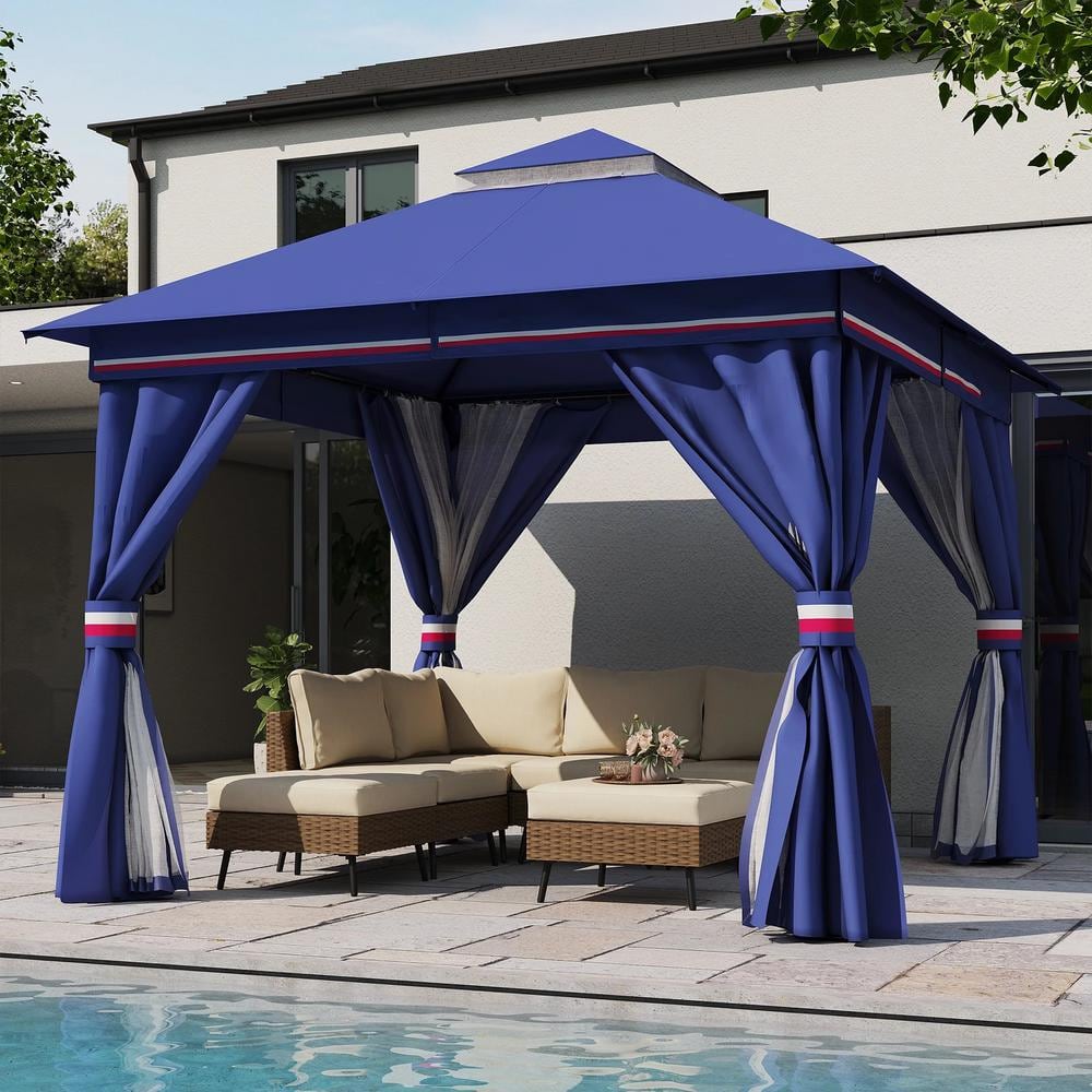 Classic Blue 10'x10' Iron Frame Patio Gazebo with Mosquito Netting