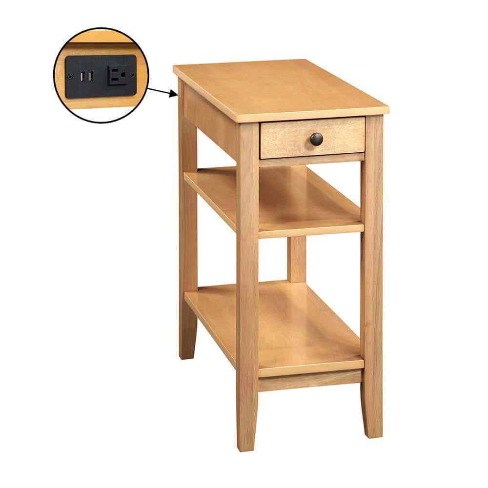 Natural Rubberwood End Table with Charging Station and Shelves