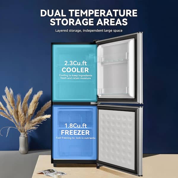 4.1 cu. ft. Compact Mini Refrigerator with 2.1 cu. ft. Bottom Door Freezer in Silver, 7-Level Temp Adjustable, Low Nosie