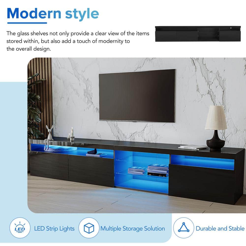 Black 94.5" TV Stand with LED Lights and Cabinets