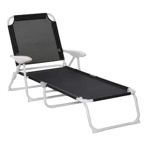 Black Folding Metal Outdoor Chaise Lounge, Sun Tanning Chair, 4-Position Reclining Back, Armrests for Beach, Yard