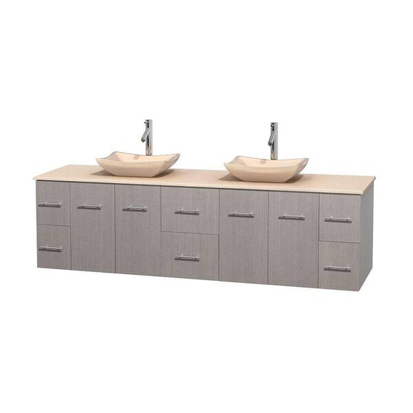 Wyndham Collection Centra 80 in. Double Vanity in Gray Oak with Marble Vanity Top in Ivory and Sinks