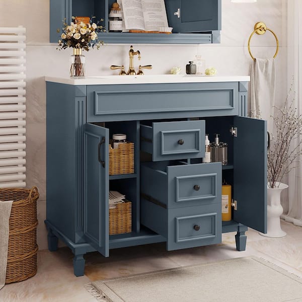 36 in. Single Sink Freestanding Blue Bath Vanity with White Ceramic Sink Top, Soft Closing Doors