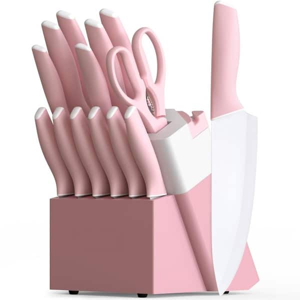 15-Piece Pink German Stainless Steel Kitchen Knife Set with Block and Sharpener, Ceramic Coating
