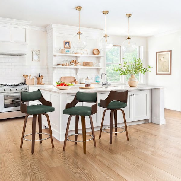 OrangeOne Gaspa 26 Green Premium Faux Leather Swivel Bar Stool with  Solid Walnut Wood Frame and Open Back Support Set of GAP-Green-3