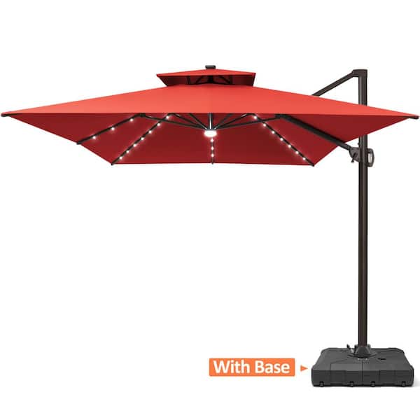Double Top 13 ft. x 10 ft. 360° Swivel Solar LED Lighted Cantilever Patio Umbrella in Red with 220 lbs. Umbrella Base