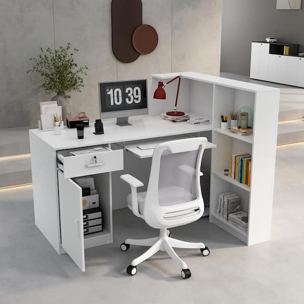 FUFU&GAGA 55.1 in. W x 43.3 in. H White MDF Computer Desk with a Desktop 3- Storage Shelves 1-Drawer and 1-Cabinet DRF-KF250003-01-dd - The Home Depot