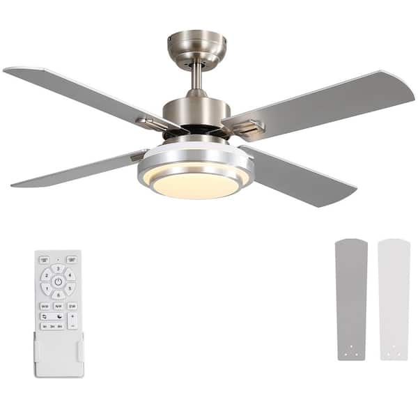 52 in. Indoor Integrated LED Ceiling Fan 4-Blades Brushed Nickel with Remote Control and DC Reversible Motor Included