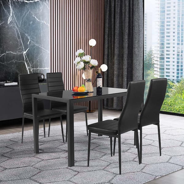 Black Modern Leather Dinning Chairs Metal Side Chair for Dinning Room Kitchen(Set of 4)