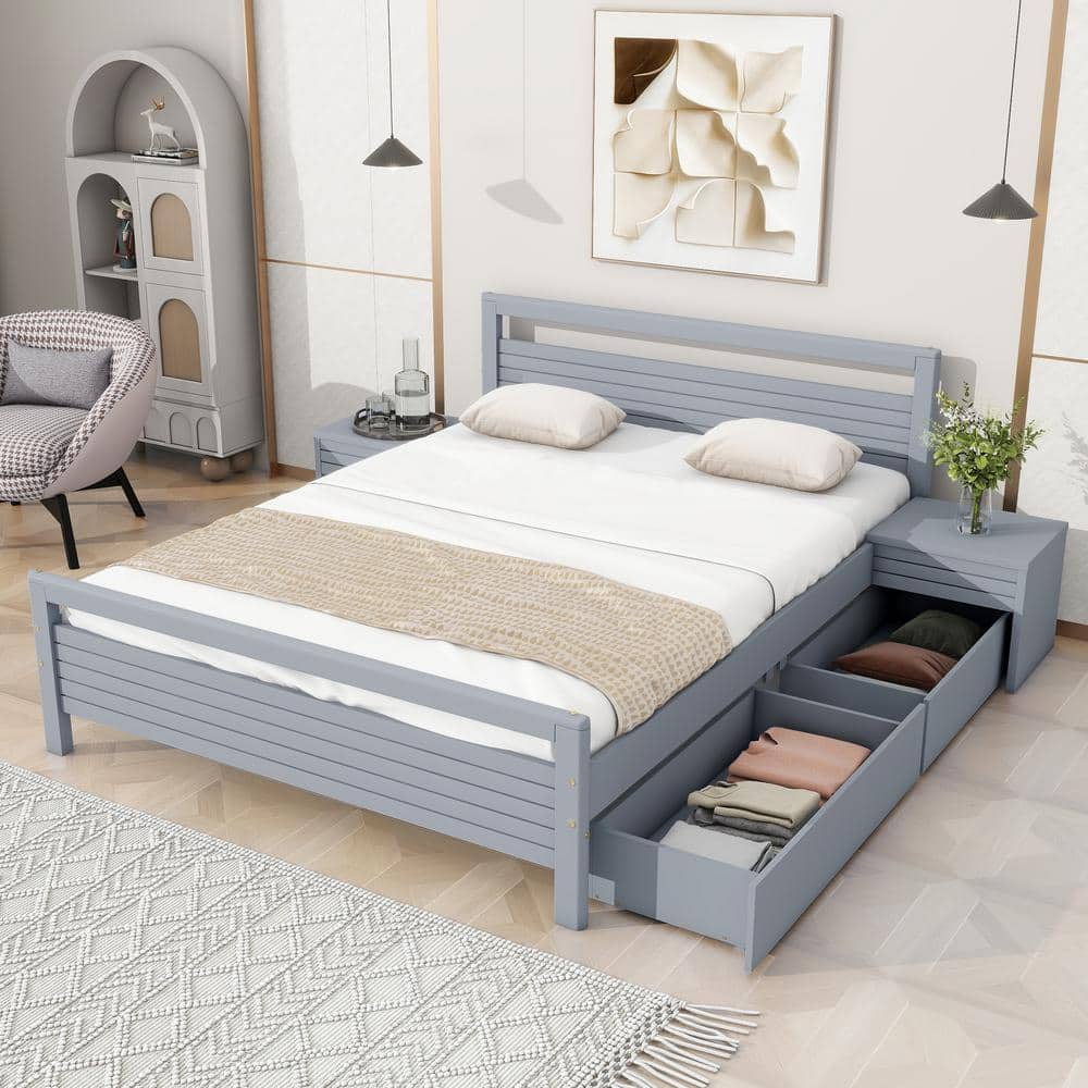 Gray Wood Frame Queen Size Platform Bed with 2 Storage Drawers, 2 Bedside Tables, Center Support Legs -  Harper & Bright Designs, QHS438AAE-Q